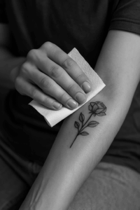 Dep de huid daarna voorzichtig droog met een schone handdoek of tissue Een zwart-witfoto van een arm met een verse tatoeage die voorzichtig wordt droog gedept met een schone doek, als onderdeel van de nazorg.