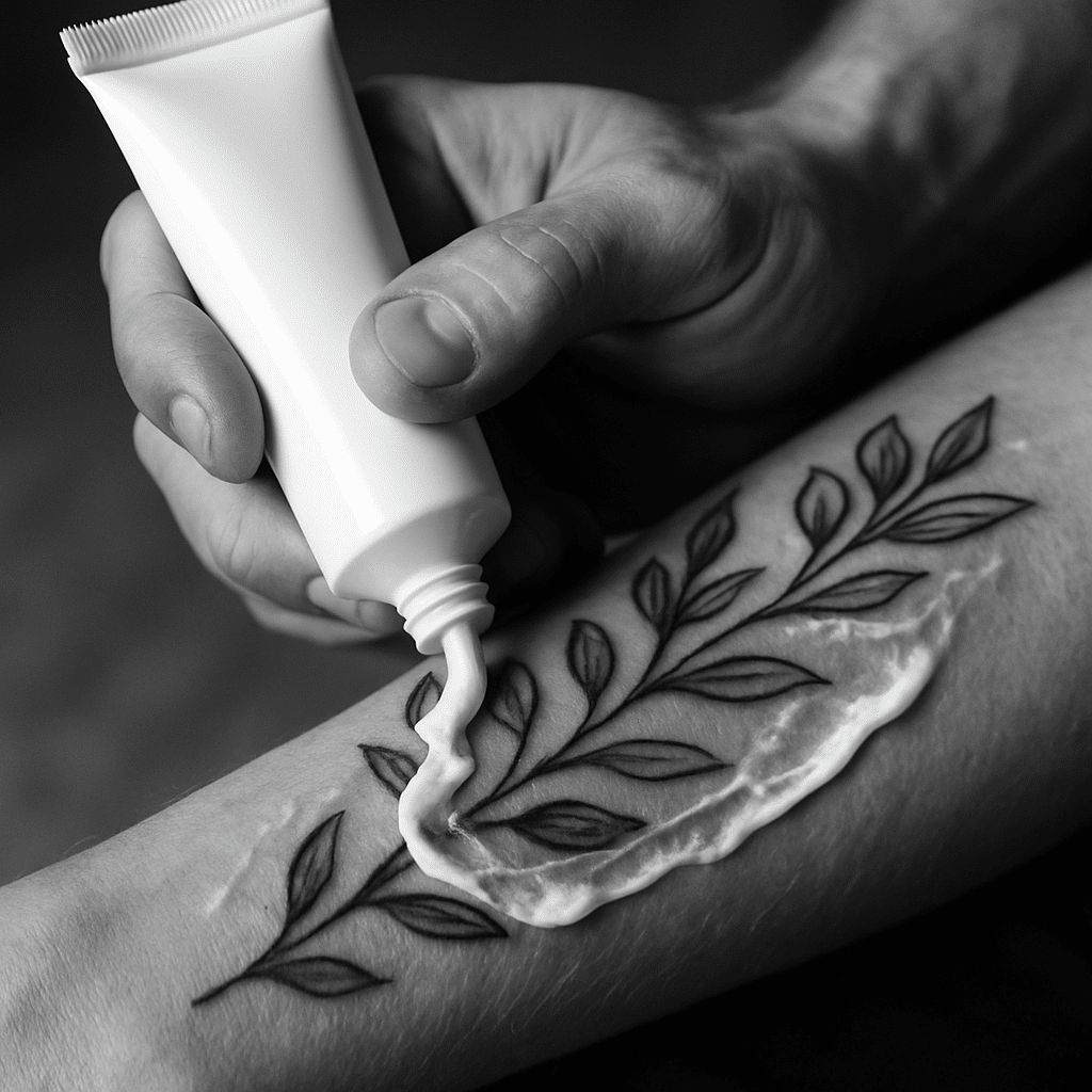 Zwart-wit close-up van een hand die een dunne laag crème aanbrengt op een vers gezette tatoeage.