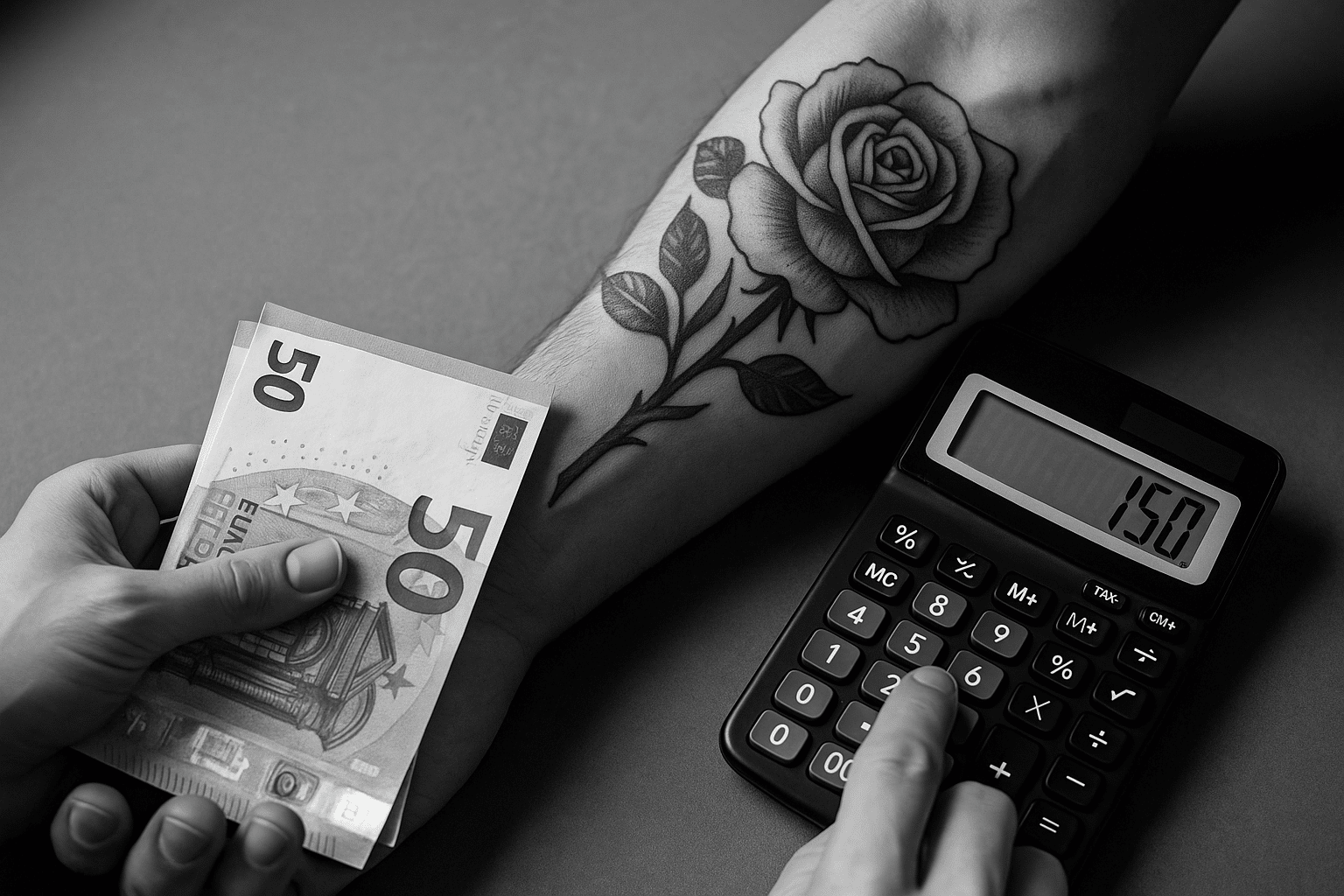 Hoeveel kost een tattoo? Bekijk onze tips & prijzen Close-up van een tattoo-artiest die een ontwerp uitwerkt met een calculator en prijslijst op de achtergrond, zwart-wit