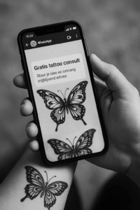 Vraag hier je gratis tattoo consult aan! Zwart-witfoto van een persoon die met een smartphone in de hand een WhatsApp-bericht over een tattoo bekijkt.