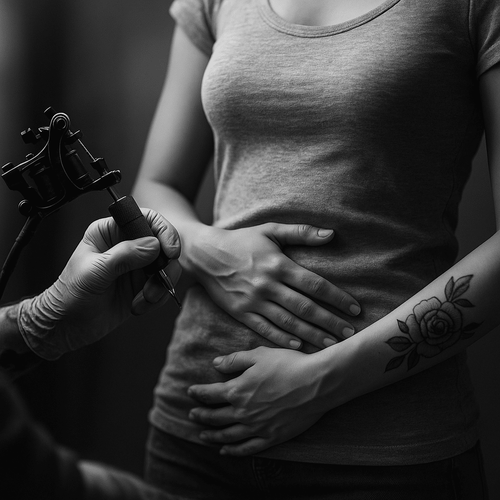 Zwart-wit close-up van een vrouw die haar handen op haar buik legt terwijl een tattoo artist met een tattoo machine klaarstaat, met een bloemmotief tattoo op haar arm zichtbaar.