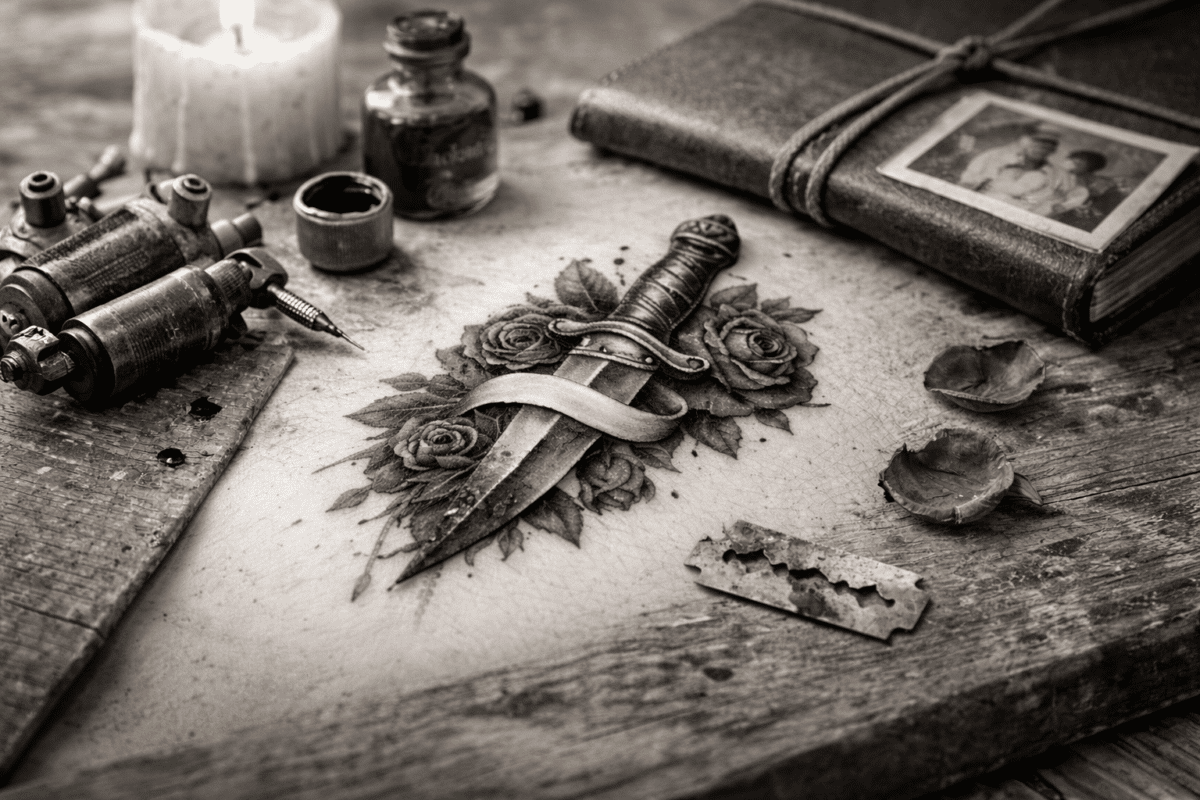 zwart witte afbeelding met mes om naam ex te coveren