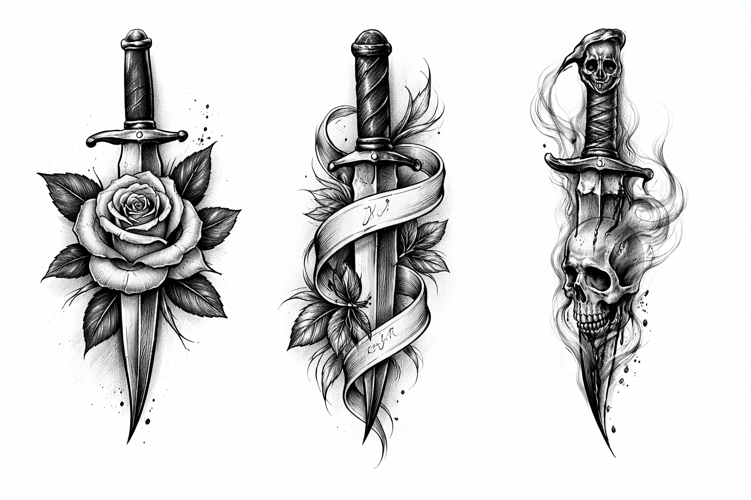 Drie mes cover-up tattoo ontwerpen in zwart-wit stijl voor het verbergen van een ex-naam