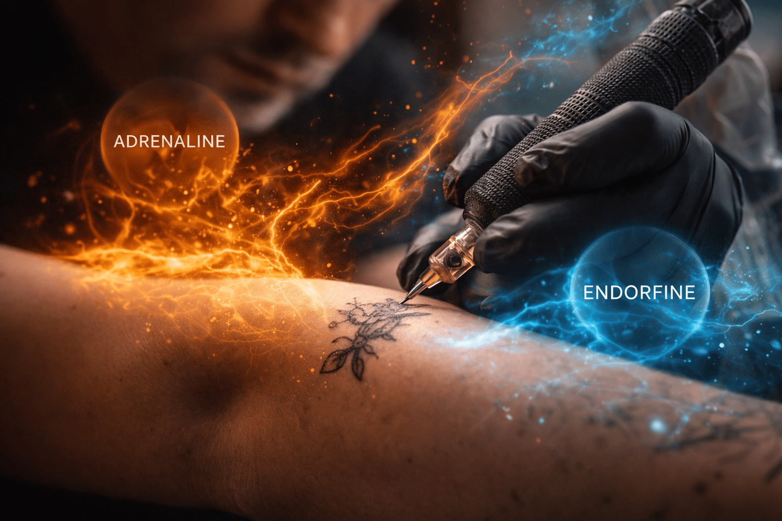 Tattoo artiest zet een tattoo terwijl energie rond de huid zichtbaar is als symbool voor adrenaline en endorfine