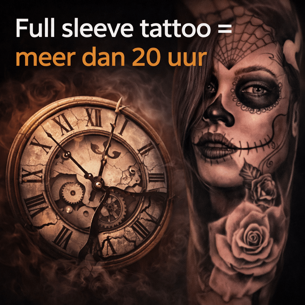 Klok met een full sleeve en de tekst dat een full sleeve meer dan 20 uur duurt.