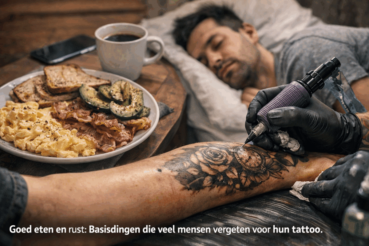 Tattoo artiest zet een black-and-grey roos en klok tattoo op een onderarm, met ontbijt en slapende man op de achtergrond als symbool voor voorbereiding.